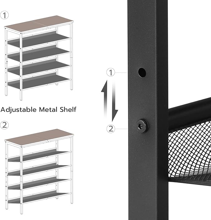 HOOBRO Shoe Rack for Entryway, 5-Tier Shoe Organizer with Adjustable Mesh Shelves, 16-20 Pairs of Shoes, Spacious Floor Mount, Metal, Industrial, Shoe Shelf for Closet, Rustic Brown BF12XJ01-NeatNest