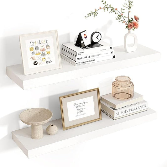 Floating Shelves for Wall, 24"W x 6.7"D x 1.4"H, 2 Pack of Long Wall Mounted Engineered Wood Shelves with Invisible Brackets for Living Room, Bedroom, Bathroom, Kitchen Decor and Storage, White-NeatNest