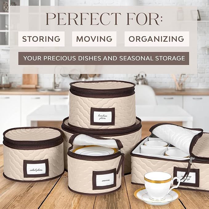 China Storage Containers 5-Piece Set Moving Boxes for Dinnerware, Glasses, Plates, Mugs and Saucers Sturdy Quilted Microfiber Dish Organizer with Dividers for Seasonal Storage - Holds Set of 12-NeatNest