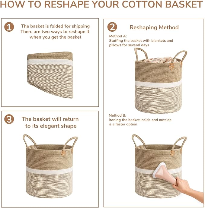 CHICVITA Extra Large Woven Storage Basket with Handles – Laundry Basket Toy Towels Jute Blanket Basket Home Decor Gift, 16" x 16", White-NeatNest