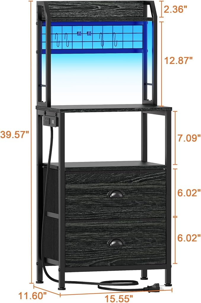 Furologee 40'' Tall Nightstand with Charging Station, Bedside Table with LED Lights, End Table with 2 Drawers and Storage Shelves, Night Stand with Pegboard for Bedroom, Black Oak