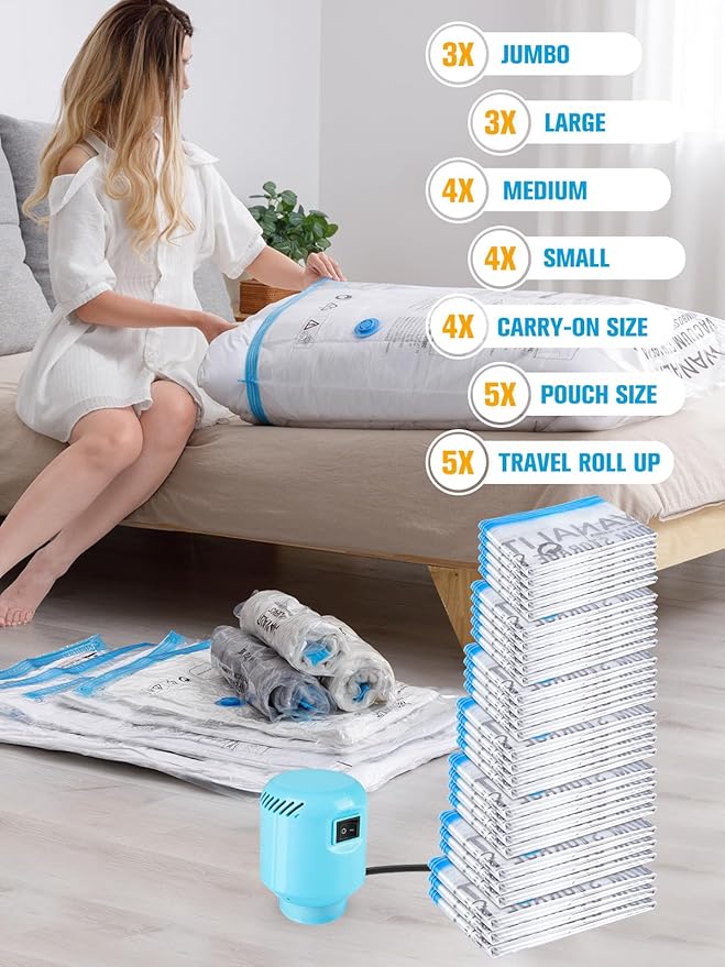 Vacuum Storage Bags with Electric Air Pump, New Air Valve Combo 28 Pack Compression Bag, Space Saving Vacuum Sealer Bag for Clothes, Blanket, Duvets, Pillows, Comforters, Travel, Two Compressing Ways-NeatNest