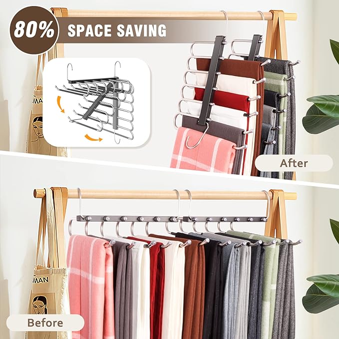 4 Pack 6-Tier Space Saving Pant Hangers, Anti-Slip, Lightweight, Stainless Steel, Black, 6 Pairs Jeans Hangers-NeatNest