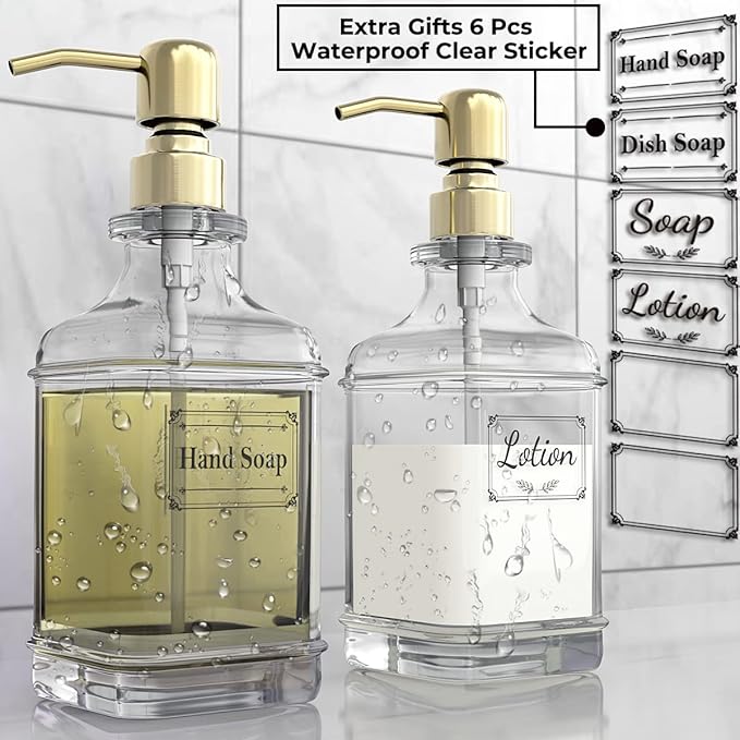 GLADPURE Soap Dispenser - 2 Pack, 18 Oz Antique Design Thick Glass Hand Soap Dispensers; with 304 Rust Proof Stainless Steel Pump, 6Pcs Clear Stickers, for Kitchen, Bathroom - Gold-NeatNest