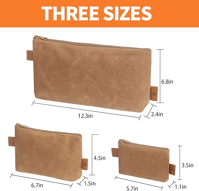 Canvas Zipper Pouch, 3 Pack Small Tool Pouch Organizer, Heavy Duty 16OZ Waxed Canvas Mini Zipper Bag Pouch, 5.7/6.7/12.3 Inch Tool Multipurpose Water Resistant Storage Pouches-NeatNest