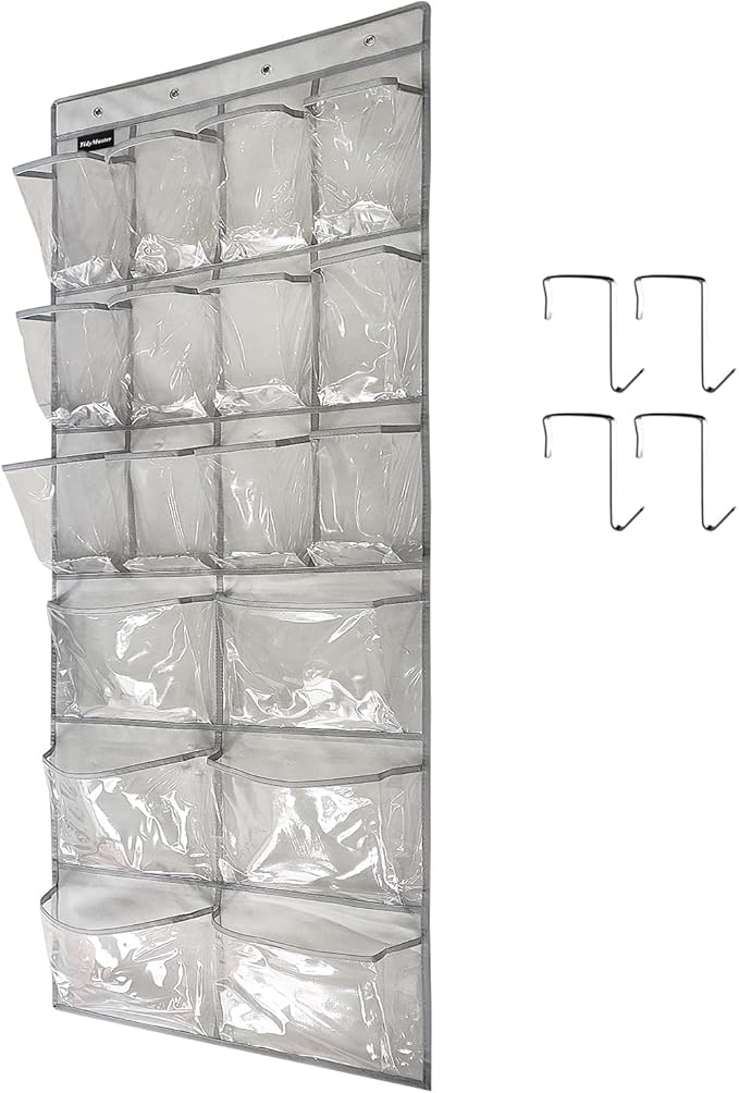 Extra Large Hanging Crystal Clear Over Door Shoe Organizer, Closet Shoe Rack with 12+6 Pockets, 8 Hooks, Grey (59"x 21.6")-NeatNest