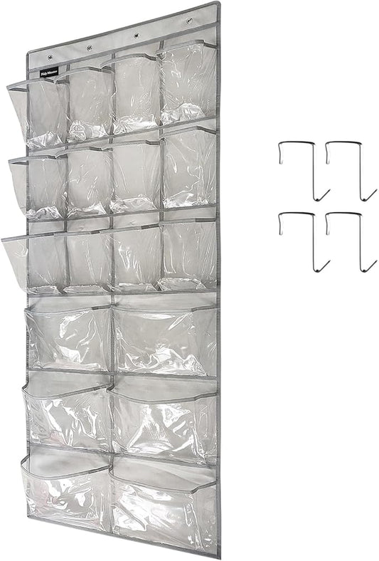 Extra Large Hanging Crystal Clear Over Door Shoe Organizer, Closet Shoe Rack with 12+6 Pockets, 8 Hooks, Grey (59"x 21.6")-NeatNest