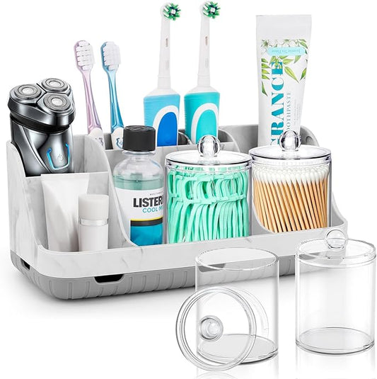 Bathroom Toothbrush Holder Set with 2 Pack Qtip Holder Dispenser - Detachable 7 Slots Bathroom Accessory Set, Kids Marble Bathroom Sink Counter Set, Bathroom Essentials Decor, Grey