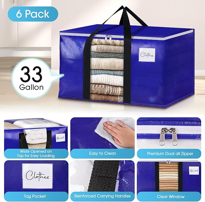 BlissTotes 6 Pack Moving Bags with Clear Window, Storage Bags with Strong Carrying Handles & Zippers,Large Packing Bags for Saving Space, Alternative to Moving Boxes(Blue,33 Gallon)-NeatNest