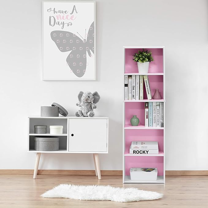Furinno 5-Tier Reversible Color Open Shelf Bookcase , White/Pink 11055WH/PI-NeatNest