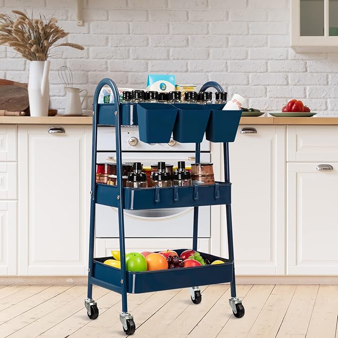 danpinera 3-Tier Rolling Cart, Metal Rolling Storage Cart with Lockable Wheels & Hanging Cups & Hooks, Mobile Trolley Cart for Kitchen, Bathroom, Office, Workshop, Dark Blue-NeatNest