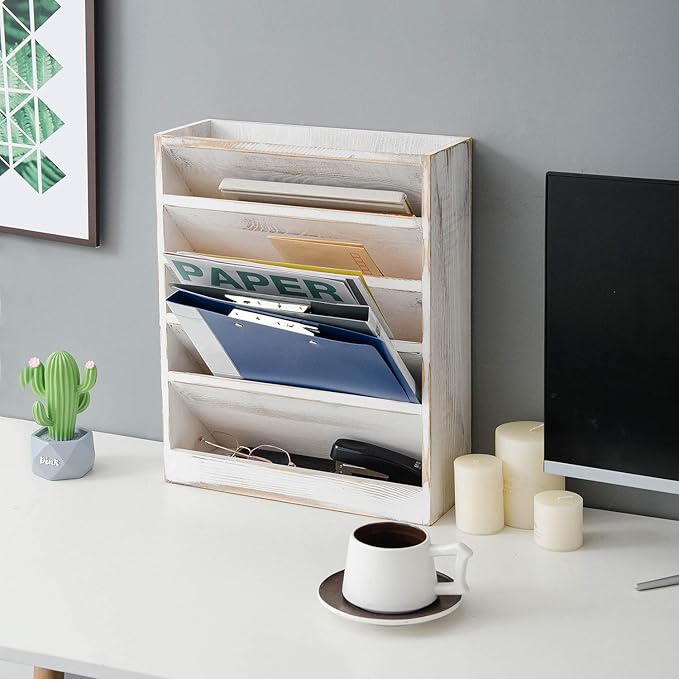 Vintage Rustic Wooden 5 Slot Office Desk or Distressed Torched Wood Wall Mounted Hanging Document Filing Organizer，Magazine Rack，Mail Holder Organizer display stand