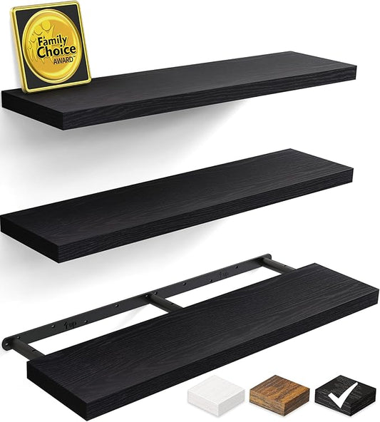 BAYKA Floating Shelves for Wall, 36 inches Long Wall Mounted Rustic Wood Shelves for Bathroom, Bedroom, Living Room, for Books/Storage/Decor with 30lbs Capacity（Black,Set of 3-NeatNest