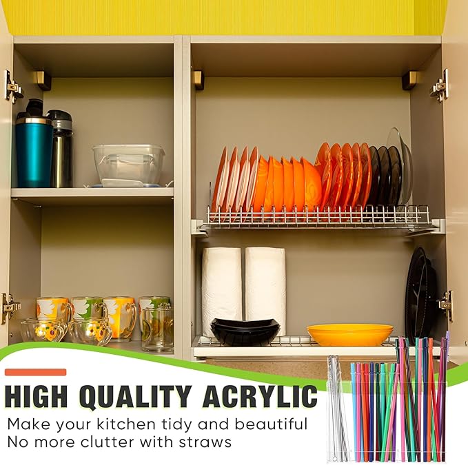 Acrylic Straw Holder for Cabinet Door with Double Sided Adhesive Tape Reusable Straw Organizer Tumbler Storage Kitchen Accessories Container for Counter Cupboard(Classic,Large,Transparent)