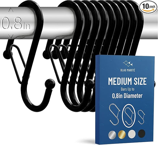 10-Pack Metal S Hooks for Hanging – Heavy-Duty S-Shaped Hook with Safety Buckle – Fits Bars up to 0.8 in – Anti-Drop S-Hooks for Kitchen, Bathroom, Closet & Pot Racks – Black (Medium)-NeatNest