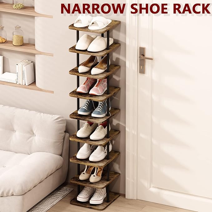AZERPIAN Shoe Rack 9 Tier Vertical Storage Organizer Narrow Metal Slim Shelf Modern Free Standing Shoe Tower Saving Space for Closet Entryway Bedroom,Black+Rustic Brown-NeatNest