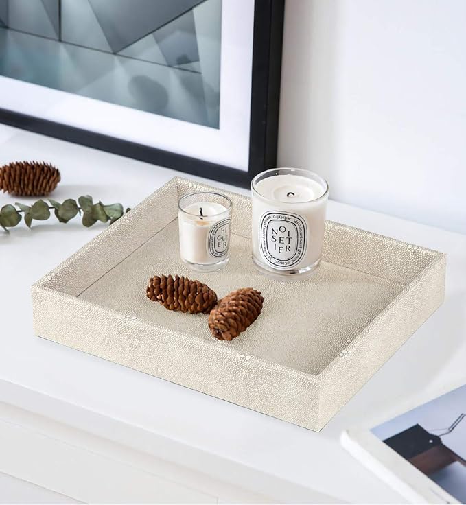 HofferRuffer Elegant Desktop Organizer, Vanity Tray, Bathroom Storage Tray Holder, Dresser Jewelry Tray, Change Coin Key Watch Catchall Tray, 10.2 x 8.4 x 1.8 inches (Light Grey Faux Leather Shagreen)-NeatNest