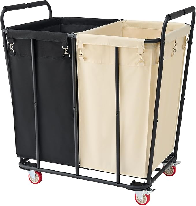 Hoctieon 2 Section Laundry Sorter Cart, 400L Rolling Hamper with Wheels, Industrial Laundry Basket Organizer, Extra Large Dirty Clothes Hamper for Home & Hotel, Heavy Duty, Black+Beige-NeatNest