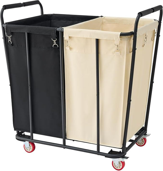 Hoctieon 2 Section Laundry Sorter Cart, 400L Rolling Hamper with Wheels, Industrial Laundry Basket Organizer, Extra Large Dirty Clothes Hamper for Home & Hotel, Heavy Duty, Black+Beige-NeatNest
