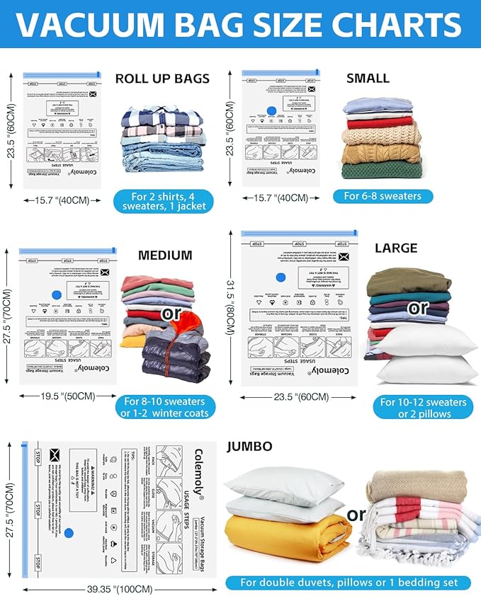 Colemoly Vacuum Storage Bags 18 Pack Space Saver Bag Vacuum Seal Bags for Clothing Travel Moving Blankets Pillows Storage and Organization (5 Jumbo/ 5 Large/ 4 Medium/ 4 Small)-NeatNest
