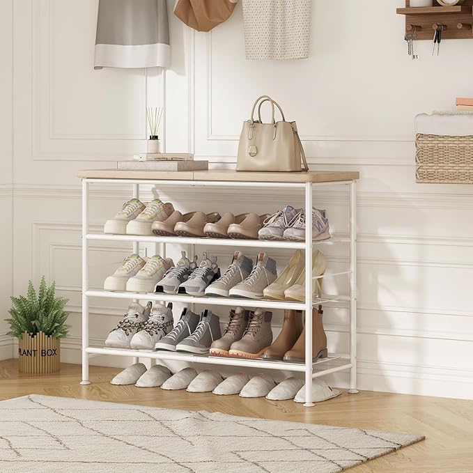 Shoe Rack Organizer 4 Tier for Closet Entryway Free Standing Metal Storage Shoe Shelf with MDF Top Board，White+Oak-NeatNest