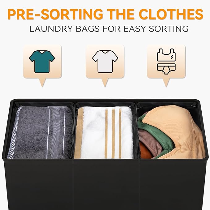 WOWLIVE 180L Laundry Hamper with Lid 3 Section,Large Laundry Basket with Removable Bags and Handles,Collapsible Dirty Clothes Hampers for Laundry,Laundry Basket Organizer for Laundry Room,Dorm,Black-NeatNest