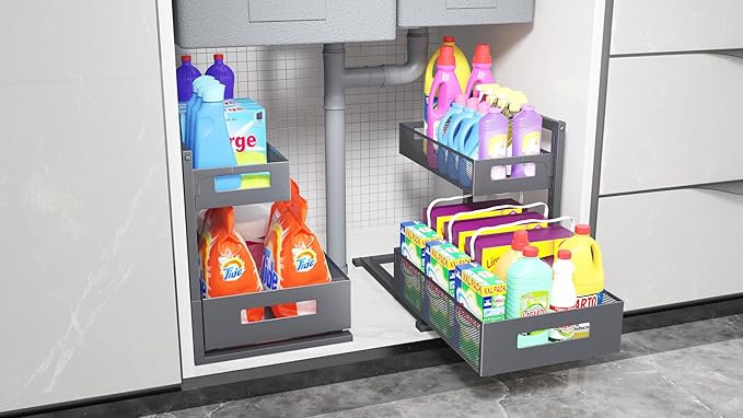 Under Sink Organizer Pull Out Cabinet Organizer Adjustable Height 2 Tier with Sliding Drawers Kitchen Bathroom Organizer and Storage(Gray-1pc)-NeatNest