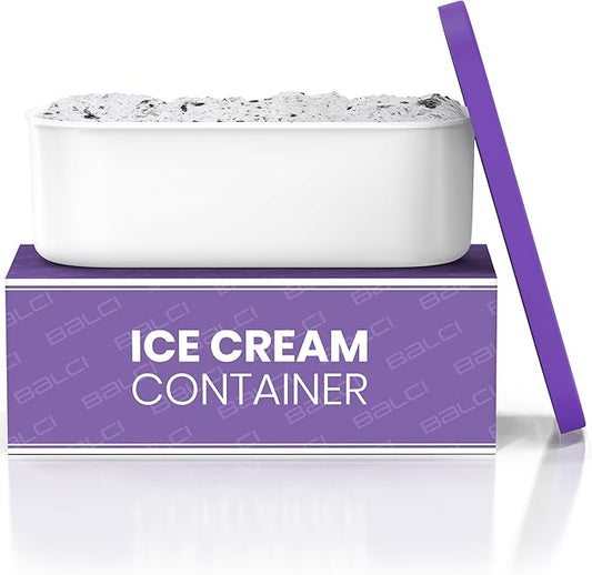 BALCI - Ice Cream Container - 2 Quart - Perfect Reusable Freezer Storage for Homemade Ice Cream Tubs for Sorbet, Frozen Yogurt and Gelato! - Flexible Silicone Lids, Long Scoop, Stackable - Purple