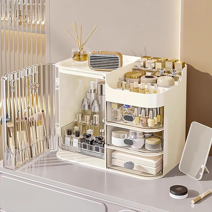 DASITON Makeup Organizer for Vanity,Large Capacity Makeup Storage Organizer with 3-Layer Drawers and Mirror,Cosmetics Display Case Make up Organizers for Vanity,Bedroom,Countertop(Clear-Cream)