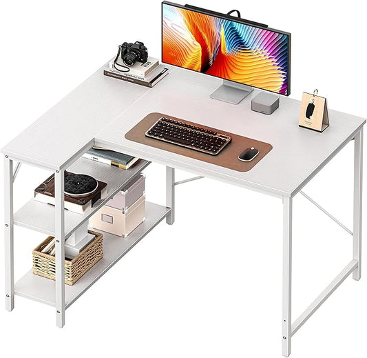 Huuger L Shaped Desk, 39 Inches Computer Desk with Reversible Storage Shelves, for Gaming Corner Home Office Writing Study, Metal Frame, White-NeatNest