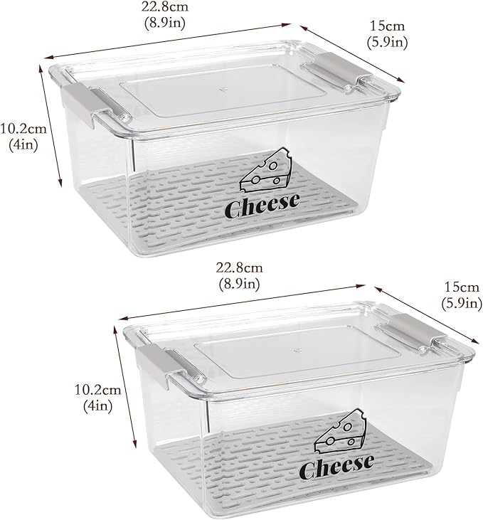 Cheese Container Airtight with Draining Basket Cream Cheese Sliced Cheeses Box with Lid Saver for Fridge Cheeses Keeper Cream Block Shredded Storage Box Saver (Clear - 2 Pack)-NeatNest