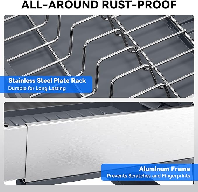 Expandable Dish Drying Rack, Stainless Steel Dish Rack with Aluminum Frame, Dish Racks for Kitchen Counter, Space Saving Kitchen Drying Rack with Movable Utensil Holder,Gray