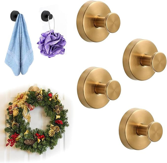 Suction Cup Hooks for Wreaths on Glass, 2026 NEW No Drill Suction Cup Hooks for Shower Towels, Strong Suction Cup Wreath Hanger Holder for Front Door Glass Window Mirror Bathroom Wall (4, Gold)