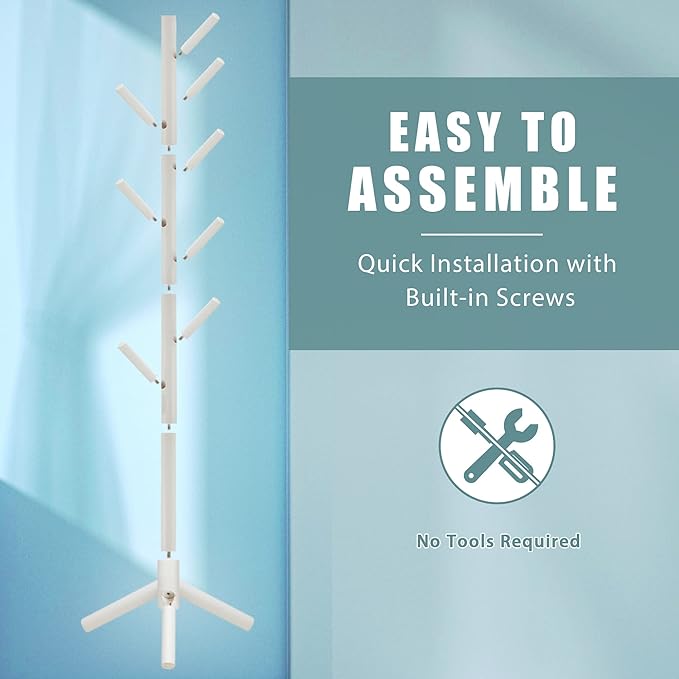 Haddockway Wooden Coat Rack Stand with 8 Hooks New Zealand Pine 3 Adjustable Coat Standing Tree Easy Assembly for Coats, Hats, Scarves and Handbags for Entryway, Hallway, Bedroom, Office, white-NeatNest