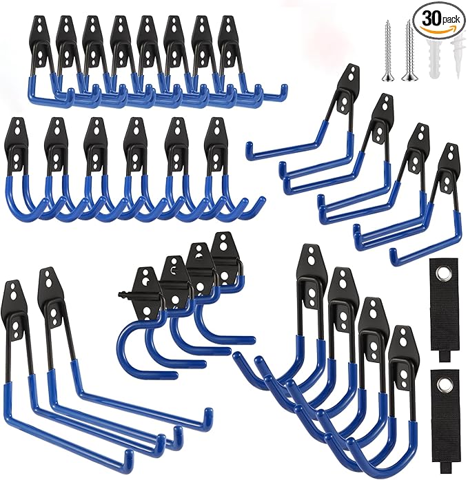 Garage Hook Heavy Duty Wall Storage Hangers, 30 Pack Garage Storage Hooks Steel Tool Blue for Ladders, Ropes, Garden Tools-NeatNest