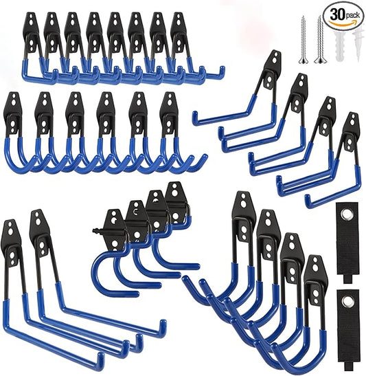 Garage Hook Heavy Duty Wall Storage Hangers, 30 Pack Garage Storage Hooks Steel Tool Blue for Ladders, Ropes, Garden Tools-NeatNest