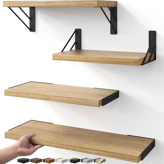 BAYKA Wall Shelves for Bedroom Decor, Floating Wall Shelves for Living Room Kitchen Storage, Wall Mounted Rustic Shelves for Kids Books, Corner Shelf for Bathroom(Carbonized Brown,Set of 4)-NeatNest