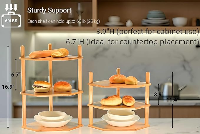 Expandable Bamboo Corner Shelf for Cabinet - 2-5 Tiers Plate Organizer, Kitchen Space Saver, Minimal Tool Assembly (Powered by Gogogo) (Natural, 6.7" H(3 Tier))-NeatNest