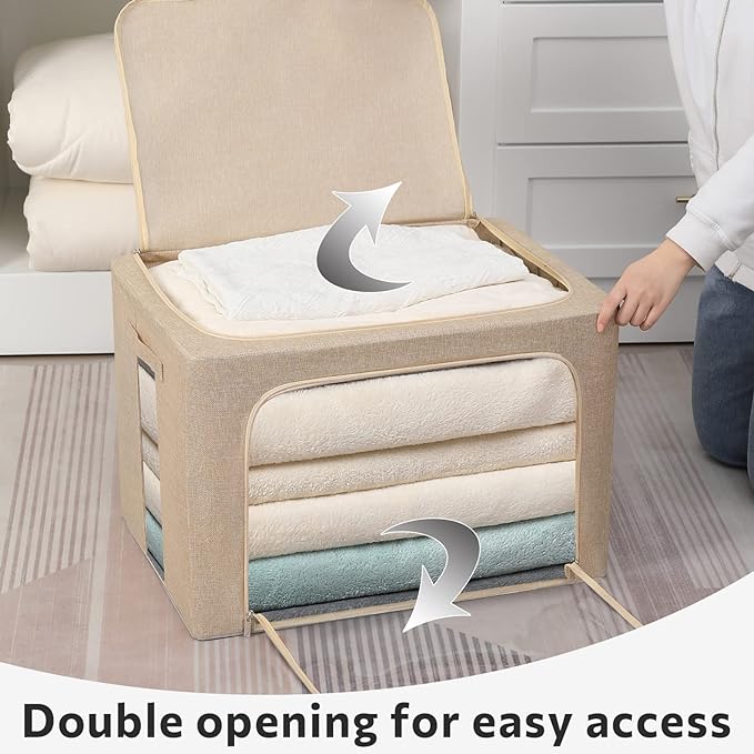 2 Pack Clear Window Storage Bins Foldable Fabric Storage Bins Boxes for Clothes Stackable Box Organizer Set with Carrying Handles (Beige, 22L,15.7x 11.8x 7.8 Inch)-NeatNest