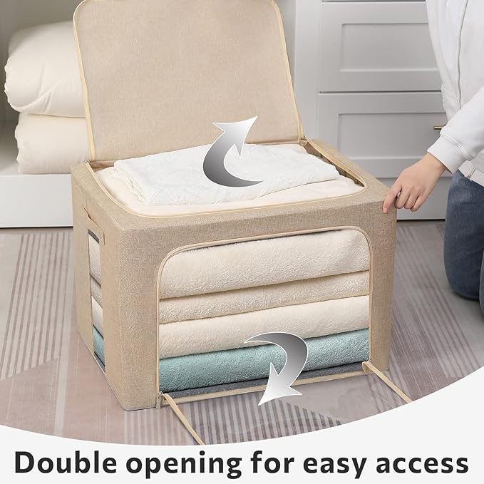 2 Pack Clear Window Storage Bins Large Foldable Fabric Storage Bins Boxes for Clothes Stackable Box Organizer Set with Carrying Handles (Beige, 19.7x 15.7x 12.5 Inch)-NeatNest