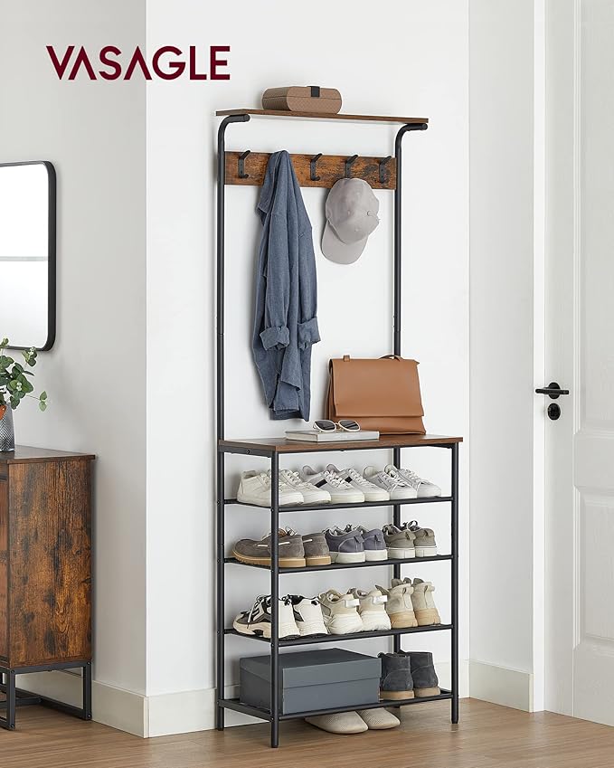 VASAGLE Hall Tree with Shoe Bench, Coat Rack Shoe Bench, 5-Tier Shoe Rack Different Heights, 5 Dual Hooks, Top Shelf, Entryway Organizer, Hallway Bedroom Dorm, Rustic Brown and Black UHSR412B01-NeatNest