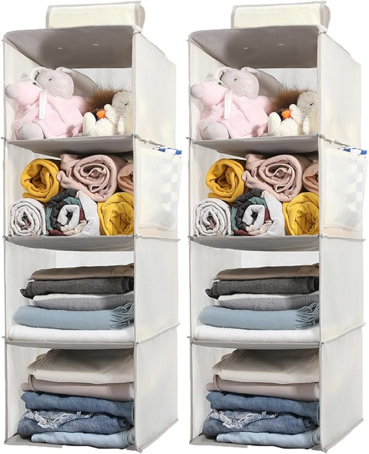 2 Packs Hanging Closet Organizer Storage, 4-Shelf Hanging Shelves for Closet, Closet Clothes Organizer and Storage with Side Pocket, Beige-NeatNest