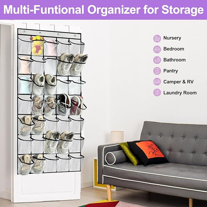 35 Large Pocket Over the Door Shoe Organizer, Extra Sturdy Oxford Fabric Hanging Shoe Rack for Door Closet, Wall Mesh Shoe Storage Holder for Mens Women Shoes (White)-NeatNest