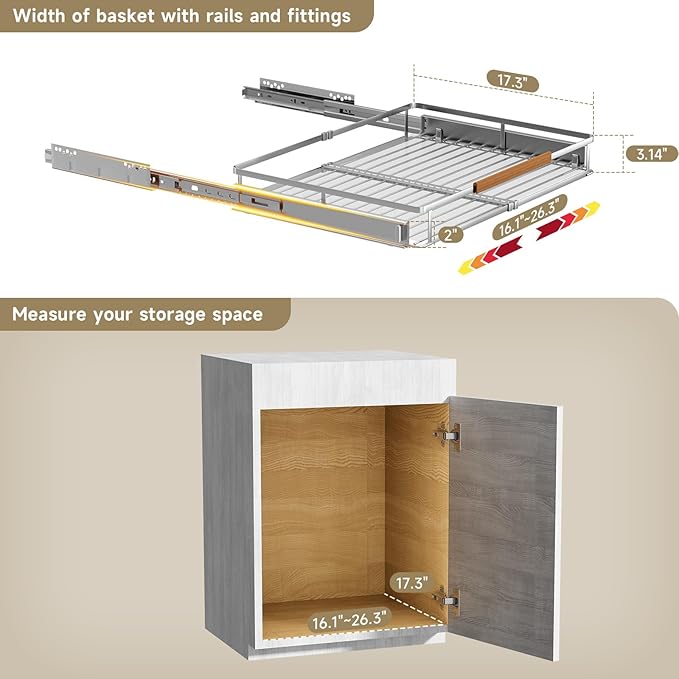 1 Pack Expandable Pull Out Cabinet Organizer，Side Mounting 16.3~26.3"x17.3"Cabinet Pull Out Shelves, Expandable Slide Out Spice Rack for Kitchen Bathroom Office-NeatNest