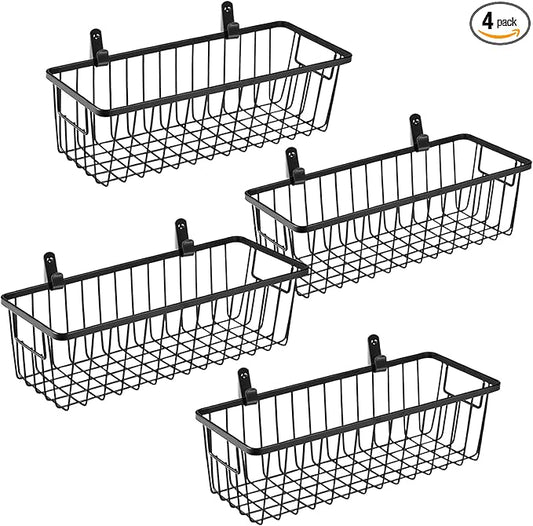 SheeChung Farmhouse Metal Wire Bin Basket with Wall Mount - Small, 4 Pack - Portable Hanging Wall Basket, Rustic Home Storage Organizer for Cabinets, Pantry, Closets, Bathroom, Kitchen,Bedroom(Black)