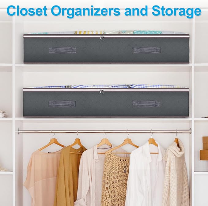 Budding Joy 90L Under Bed Storage Containers, Closet Organizers and Storage Bins, Foldable Underbed Storage Bags for Blanket, Clothing, Comforter, Sweaters, Pillows, Linen Sheets, Wrapping Paper, Grey-NeatNest