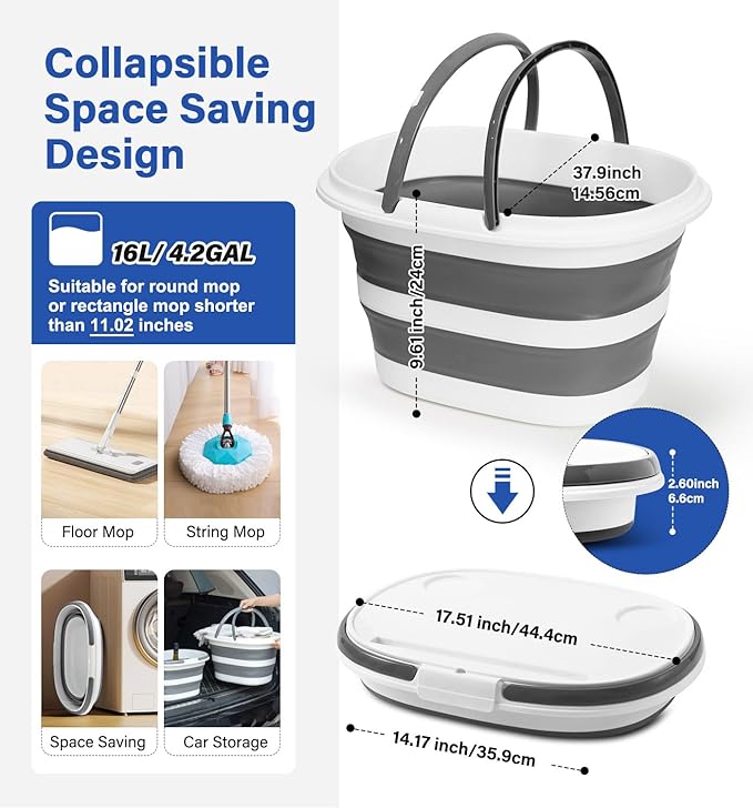 Lesipee Upgraded 16L Collapsible Mop Bucket with Multi-Functional Lid, 4-in-1 Foldable Silicone Tub with Table Surface, Floor Stand, Space Saving 4.2 Gallon Storage Solution for Home & Outdoor-NeatNest