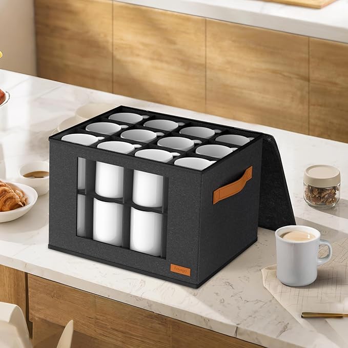 2-Layer Coffee Mug Storage Box with Dividers, Coffee Cup Storage Organizer with Zipper Lid and Handles, Stackable Mug and Cup organizer Service for 24 Coffee Mugs, Cups and Glasses, Dark Grey-NeatNest