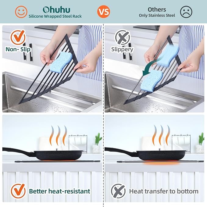 Corner Sink Caddy, Ohuhu Sponge Holder for Kitchen Sink Organizer Silicone Wrapped Steel Anti Slip Rust Triangle Over the Sink Dish Drying Rack for Sink Corner Multipurpose Drainer Trivet Space-Saving-NeatNest