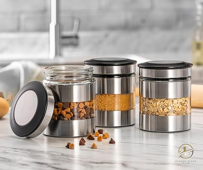 Le'raze Airtight Food Storage Container for Kitchen Counter with Window, [Set of 3] Canister Set Ideal for Flour Tea, Sugar, Coffee, Candy, Cookie Jar…